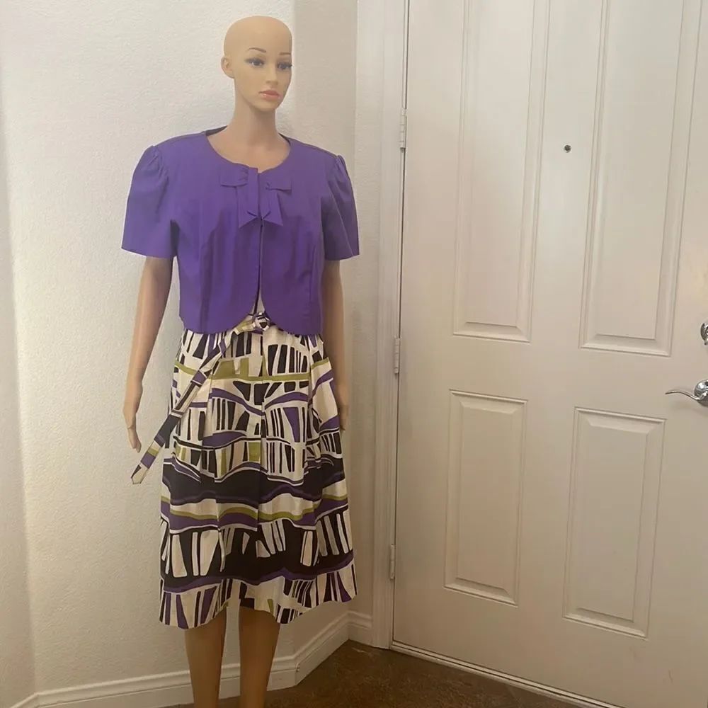 Danny & Nicole Dress Jacket Belt Sz 14W Cotton Spandex Purple Geometric Vintage